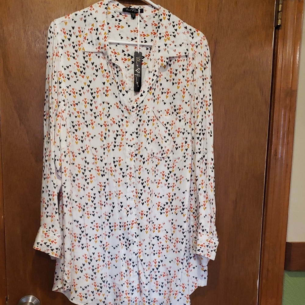 Velvet Heart White Button-Down Shirt with Black and Orange Heart Print